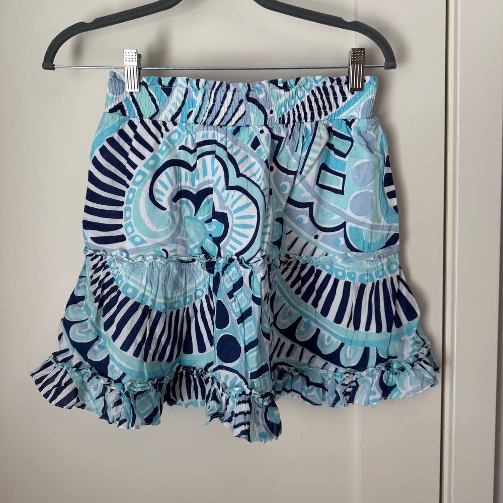 Sail to Sable Womens‎ Blue White Medallion Print Tiered Ruffle Mini Skirt Small